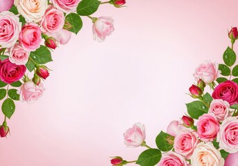 Light pink background with rose flowers forming a frame on the sides copy space