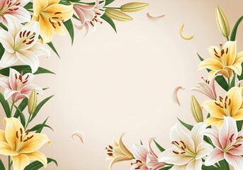 Light beige background with lily flowers forming a frame on the sides copy space