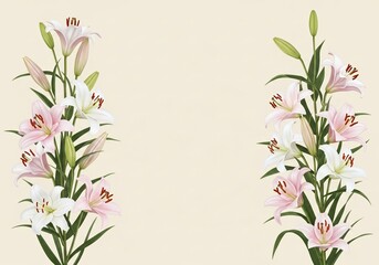Light beige background with lily flowers forming a frame on the sides copy space