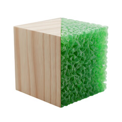 Green sponge cube with wooden block isolated on transparent background, ecofriendly material
