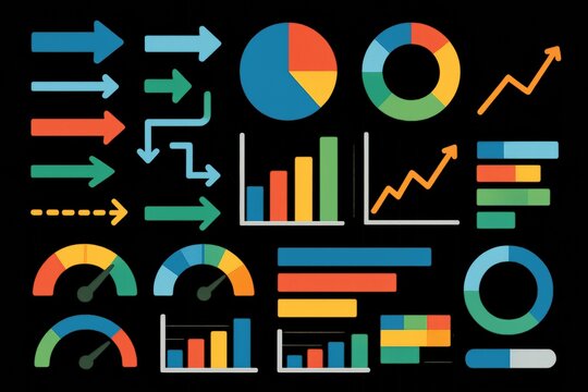 Colorful charts, graphs, and arrows on a black background for business and finance