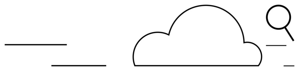 Magnifying glass examines cloud with lines symbolizing movement and search. Ideal for technology, data analysis, cloud computing, online security, innovation, digital search, connectivity. Simple