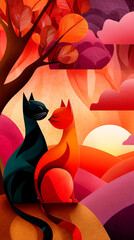 Two stylized cats, one black and one orange, sit close together against a vibrant sunset backdrop. The scene features abstract hills and colorful clouds, evoking a romantic atmosphere.