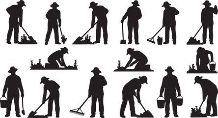 Silhouette collection of gardeners performing various tasks with tools and plants gardening people on transparent background