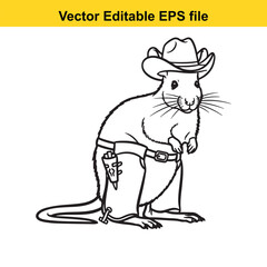 Outline drawing of a cute cartoon rat dressed as a cowboy wearing a hat and holding a gun in a holster, isolated on