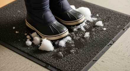 Melting snow on shoes in office lobby, winter footwear and wet floor safety