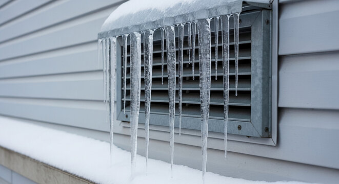 Icicles hanging from vent on residential exterior, winter weather and seasonal cold challenges