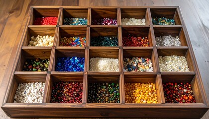 A wooden display case filled with small compartments holding a variety of colorful beads and craft supplies