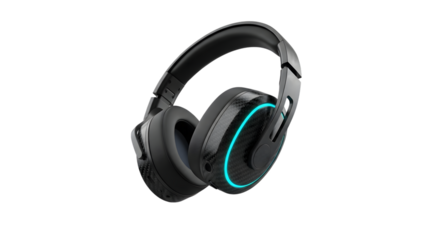 Black overear headphone with cyan light accent isolated on transparent background
