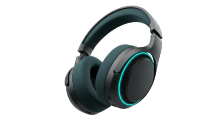 Overear wireless headphone with teal accent light isolated on transparent background