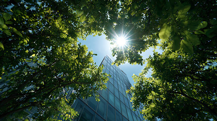 Lush green foliage frames modern glass skyscraper under bright sun trees leaves