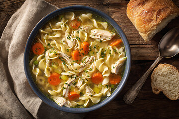 Homemade chicken noodle soup with fresh bread on a rustic wooden table.