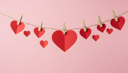 red paper hearts hanging on string banner for love celebration and party decoration