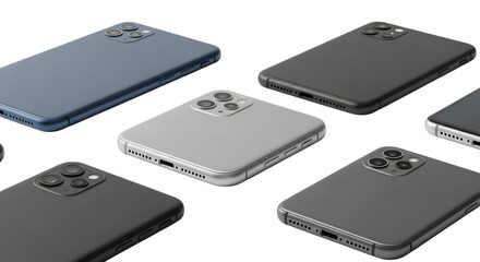 Assortment of modern smartphones showcasing sleek design and camera technology isolated on transparent background