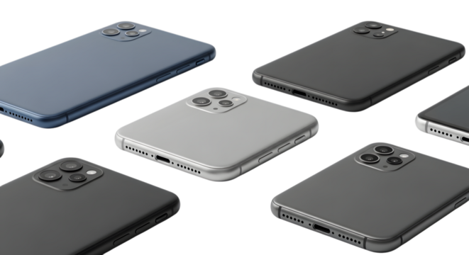 Assortment of modern smartphones showcasing sleek design and camera technology isolated on transparent background