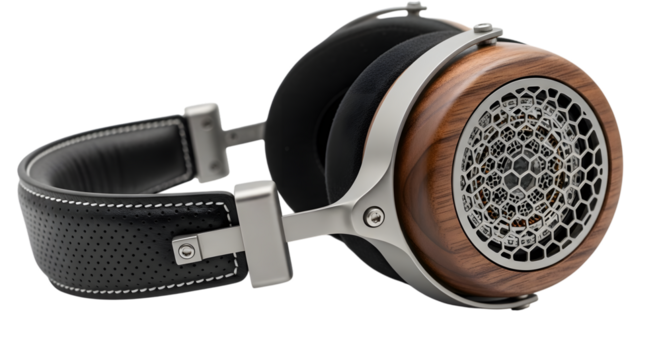 Premium wooden overear audiophile headphone isolated on transparent background