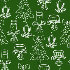 Christmas whimsial seamless pattern with fir tree and coctail glass