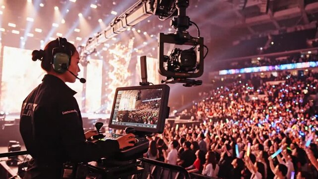 Camerawoman operates crane camera at vibrant live concert event