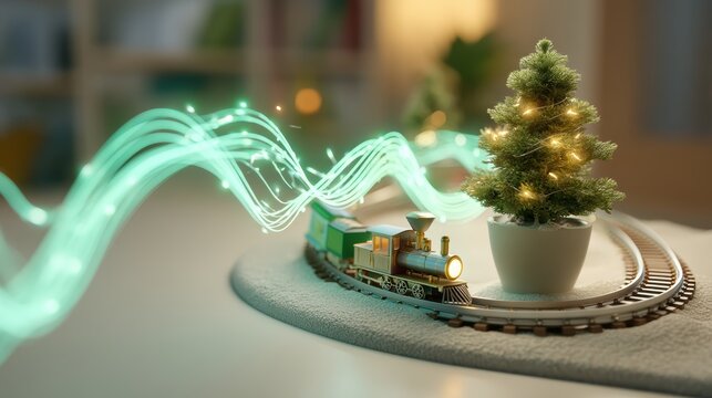 Zero-emission toy train glides past glowing green energy tree