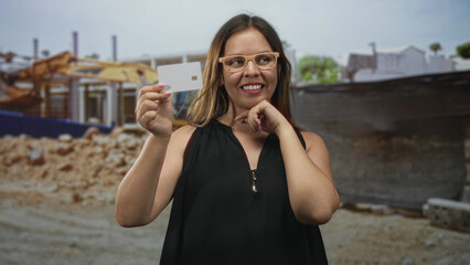 Woman with glasses holding a blank white creditcard between thumb and forefinger and smiling while standing outdoors at a building construction site with excavator in view; confidence.