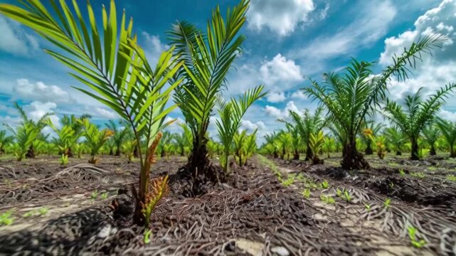Rows of vibrant young palm oil saplings thriving in a meticulously organized tropical plantation under an expansive blue sky, reflecting agricultural development