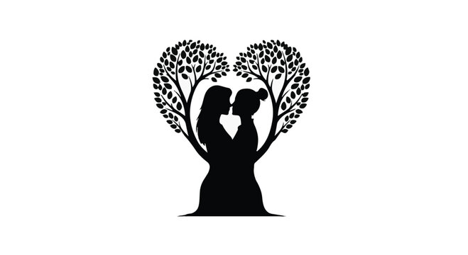 Loving embrace of a mother and daughter forms a heart-shaped tree, symbolizing strong family bonds and growth.