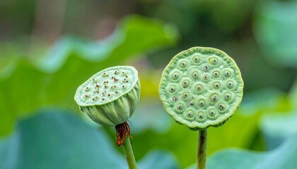 Two green lotus seed pods with circular holes stand tall against a soft green blurred background of...