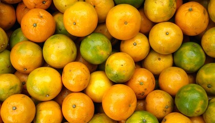 A vibrant overhead close up view of a large pile of ripe yellow and green fruits possibly jocotes or small mangoes at a market stall