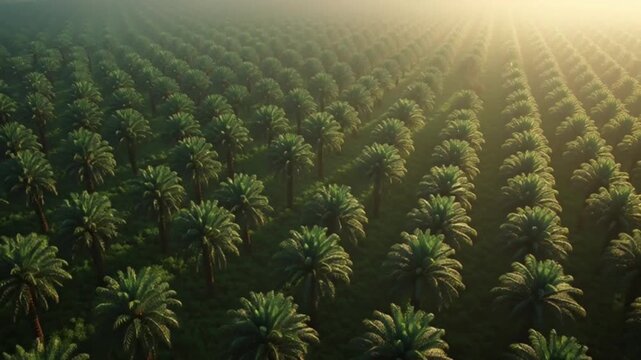 Aerial view of a vast, orderly plantation of palm trees bathed in the warm glow of sunrise, creating a breathtaking natural landscape