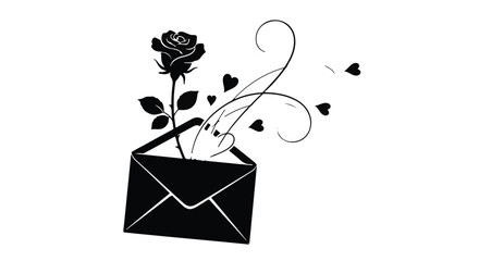 Black rose emerges from an open envelope with swirling hearts and flourishes, symbolizing love and romance.