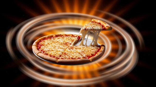 Hot cheese pizza slice being pulled with cheesy stretch effect