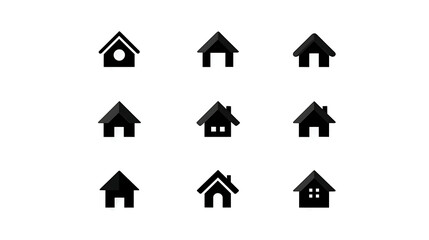 Minimalist black house icons with varied window and door designs home symbol