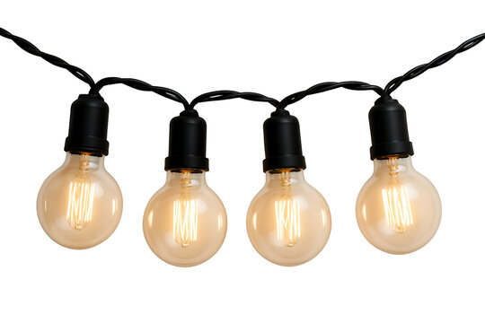 Warm edison bulbs string lights with black wire isolated on black background