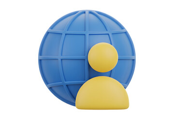 3d render of person icon in front of blue globe representing global network