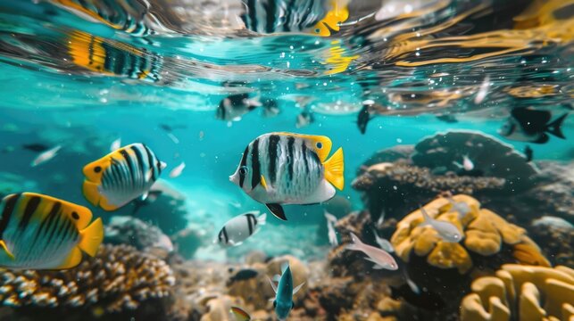 Underwater scene with colorful fish swimming among coral reefs. Clear blue water enhances the vibrant colors of the marine life