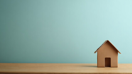Minimalist cardboard house on wooden surface against teal background model simple