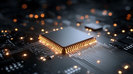 Close-up of a modern CPU on a circuit board with glowing lights showcasing technology and innovation suitable for tech-related presentations