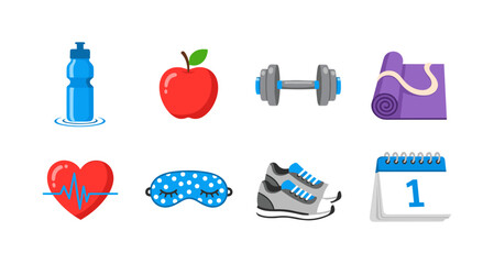 Healthy living icons: fitness, nutrition, and wellness essentials