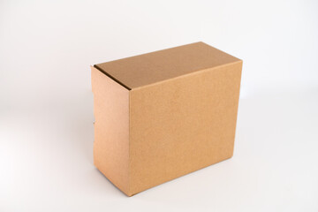 Mock-up of cardboard box, product and paracel packaging isolated on White background. Horizontal orientation.