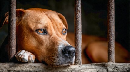 Lonely dog sitting quietly in wooden shelter, waiting for companionship