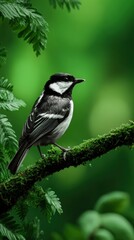 Naklejka premium Black and white bird perched on mossy branch in lush forest setting