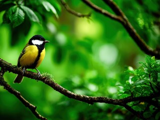 Fototapeta premium Brightly colored bird perched on a branch in a lush green forest setting