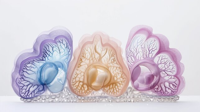 Clean scientific illustration of three germ layers formation in embryo (ectoderm, mesoderm, endoderm), cross-sectional anatomical view, color-coded tissue layers in soft scientific colors