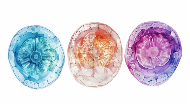 Clean scientific illustration of three germ layers formation in embryo (ectoderm, mesoderm, endoderm), cross-sectional anatomical view, color-coded tissue layers in soft scientific colors