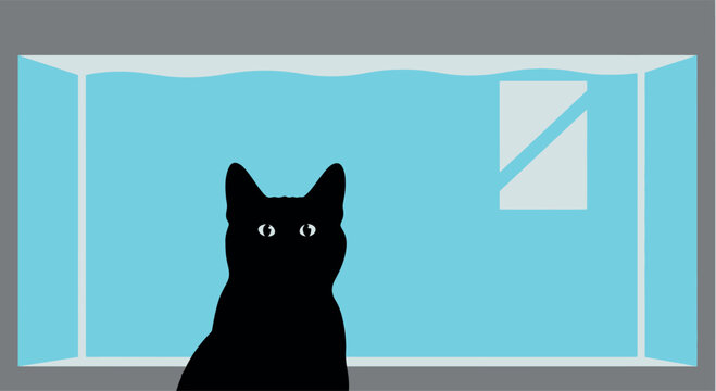 Black cat looking at fish tank, minimalist flat vector illustration of a curious pet watching aquarium with blue water and bubbles