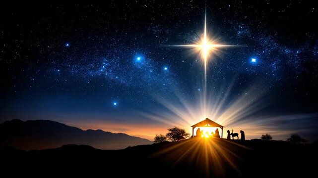 Sacred Nativity scene, brilliant celestial guiding star, holy family worship, wise men visiting manger, humble stable, peaceful starry night sky, divine light, spiritual celebration.