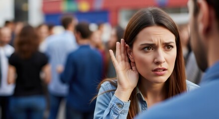 Woman cupping her ear to listen intently to another person in a blurred crowd. Concept of hearing, eavesdropping, or trying to understand a conversation.