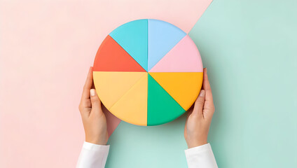 Hands Holding Colorful Circular Pie Chart on Pastel Background