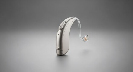 Modern beige hearing aid. Device for improved hearing. Assistive technology for deaf and hard of hearing for better sound perception. Medical equipment concept.