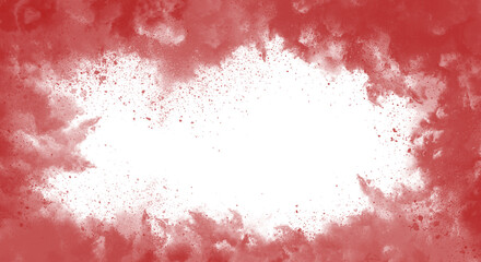 Abstract red watercolor or powder explosion frame with a bright white center space for text or design element, grunge texture border isolated on transparent background